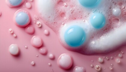 Shampoo foam with large, soft bubbles against a pastel-colored background