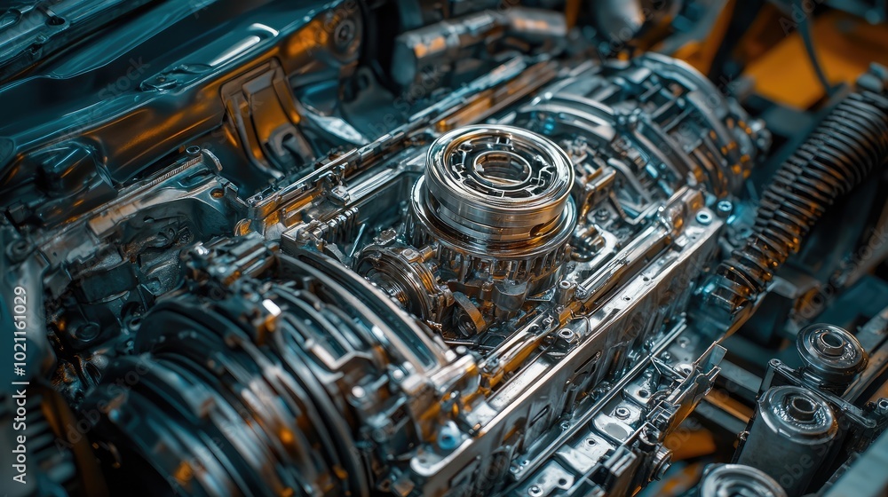 Poster close-up view of a polished metallic engine, showcasing intricate details and modern engineering.