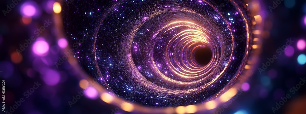Poster a mesmerizing view of a swirling cosmic vortex filled with vibrant colors and endless stars in a dar