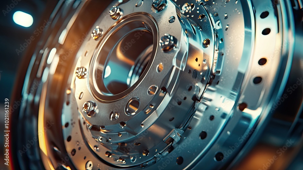 Poster close-up of a shiny metallic brake disc, showcasing intricate details and reflections in a dynamic s