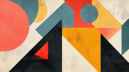 Fototapeta premium Colorful geometric abstract art with circles and triangles in bold hues.