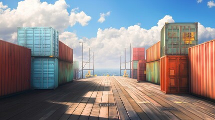 Fototapeta premium A vibrant scene featuring colorful shipping containers on a wooden dock, under a bright blue sky with fluffy clouds and a glimpse of the ocean.