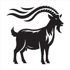 An illustration in black and white of a horned goat