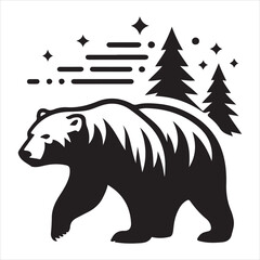 A black and white drawing of a bear in the woods