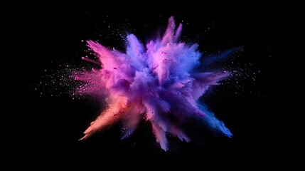 Colorful explosion of powder in vibrant shades of purple and pink against a black backdrop.