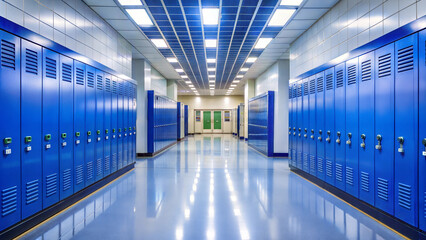 Empty school hallway with grey blue lockers, long school corridor