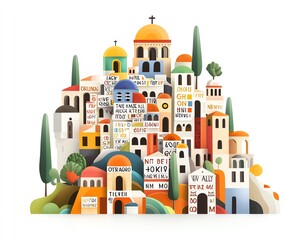 Colorful illustration of Greek village with houses, domes, and cypress trees.