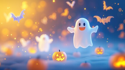 Friendly Ghosts Floating in Foggy Halloween Scene