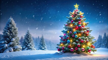 A Majestic Christmas Tree Glows with Festive Lights and Ornaments in a Snowy Winter Wonderland
