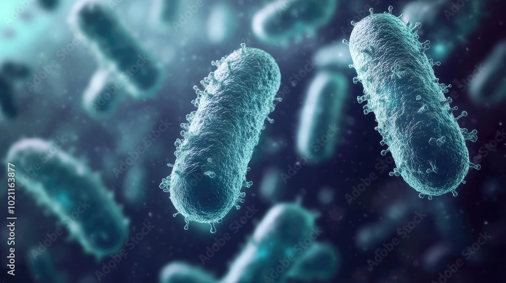 Poster close-up of bacteria in vibrant detail, showcasing their unique structures and textures in a microsc