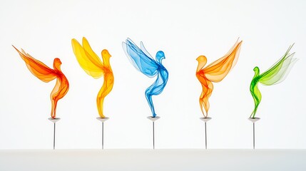 Obraz premium Colorful abstract sculptures of birds with wings spread.