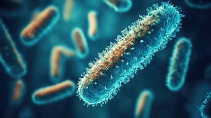 Fototapeta premium Close-up of a vibrant blue bacterium with spiky structures, showcasing intricate details in a microscopic view.