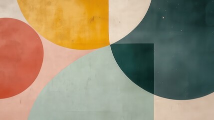 Abstract mural with vibrant geometric shapes in earthy tones.