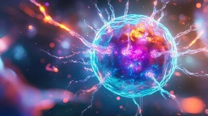 Naklejka premium A vibrant, glowing depiction of a cellular structure, showcasing intricate details and electric energy in vibrant colors.