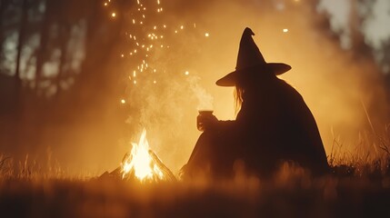 Obraz premium Enchanting Witch Brewing Potion by the Campfire