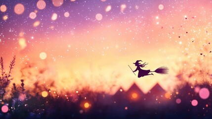 Naklejka premium Witch Flying Over a Peaceful Villa at Dusk