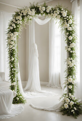 White floral archway draped with white fabric and lush greenery  standing tall with white flowers blooming  a white runner leads to the center of the archway.
