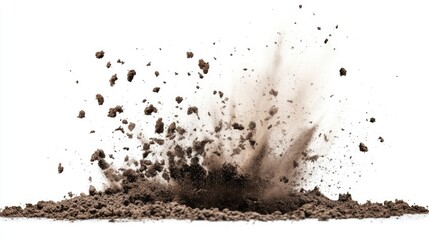 A dramatic explosion of brown soil particles against a white backdrop, creating a dynamic and textured display.