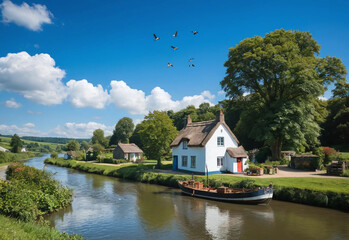 Fototapeta premium Serene Landscape with a Quaint 18th-Century Cottage by a Blue River: Birds Flying in a Blue Sky with White Clouds