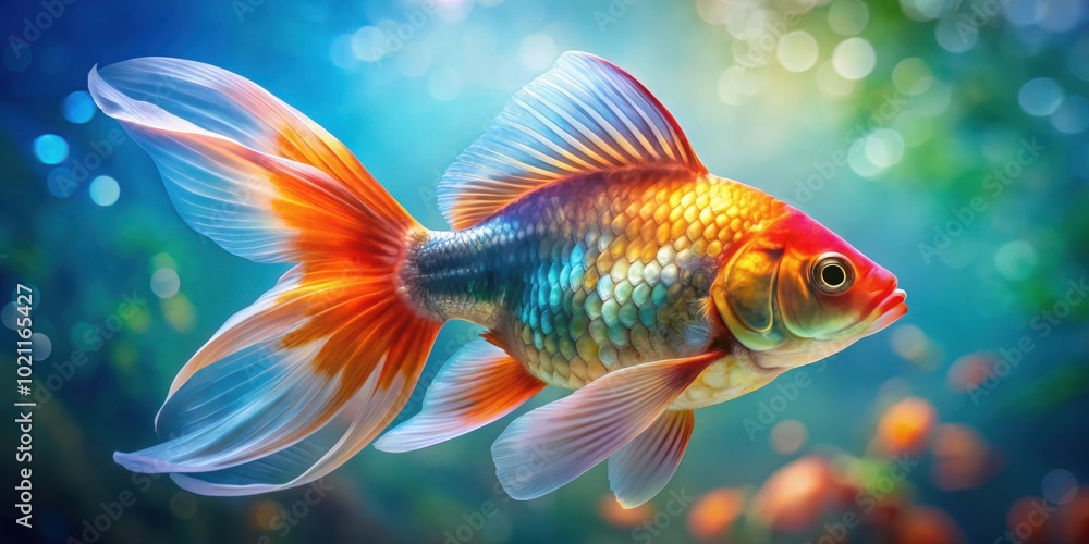 Poster a vibrant goldfish with shimmering scales and a flowing tail fin, set against a backdrop of soft, ou