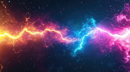 Vibrant electric energy crackling in a cosmic setting, showcasing a spectrum of colors.