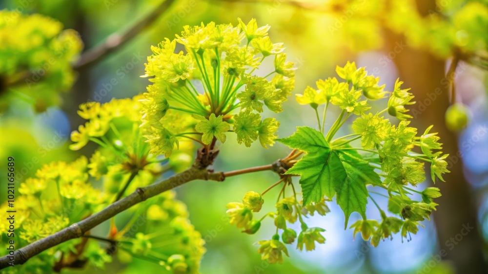 Aufkleber close-up view of a delicate maple tree branch adorned with clusters of vibrant yellow blossoms, illu