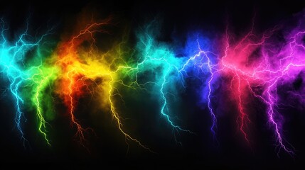 A vibrant display of multicolored lightning against a dark background, creating an electrifying and dynamic artwork.