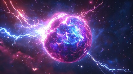 Obraz premium A vibrant, electrifying cosmic sphere emitting colorful lightning in a dark, starry space.