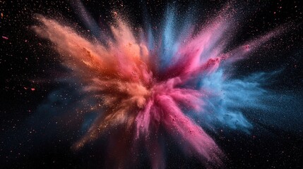 Vibrant explosion of colorful powder against a dark background, creating a dynamic and energetic scene.