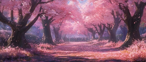 Enchanted pathway through a forest of vibrant pink cherry blossoms in full bloom.