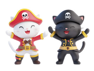 A cute white cat and a black cat, dressed as pirates dancing and singing. 3d cartoon. transparent background.