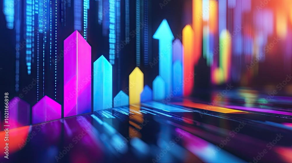 Poster vibrant digital graph with multicolored arrows representing growth and progress in technology and bu