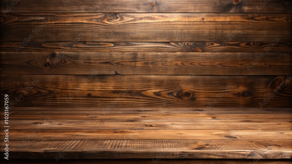 Aufkleber Rustic wooden table with a weathered backdrop, creating a natural and inviting setting for showcasing products or displaying a simple arrangement.