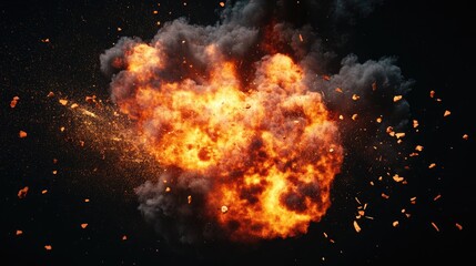 Dramatic explosion with fiery flames and debris against a dark background.