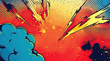Obraz premium Colorful comic book-style explosion graphic with bold lightning and vibrant hues.