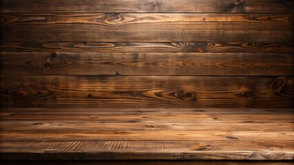 Naklejka premium Rustic wooden table with a weathered backdrop, creating a natural and inviting setting for showcasing products or displaying a simple arrangement.