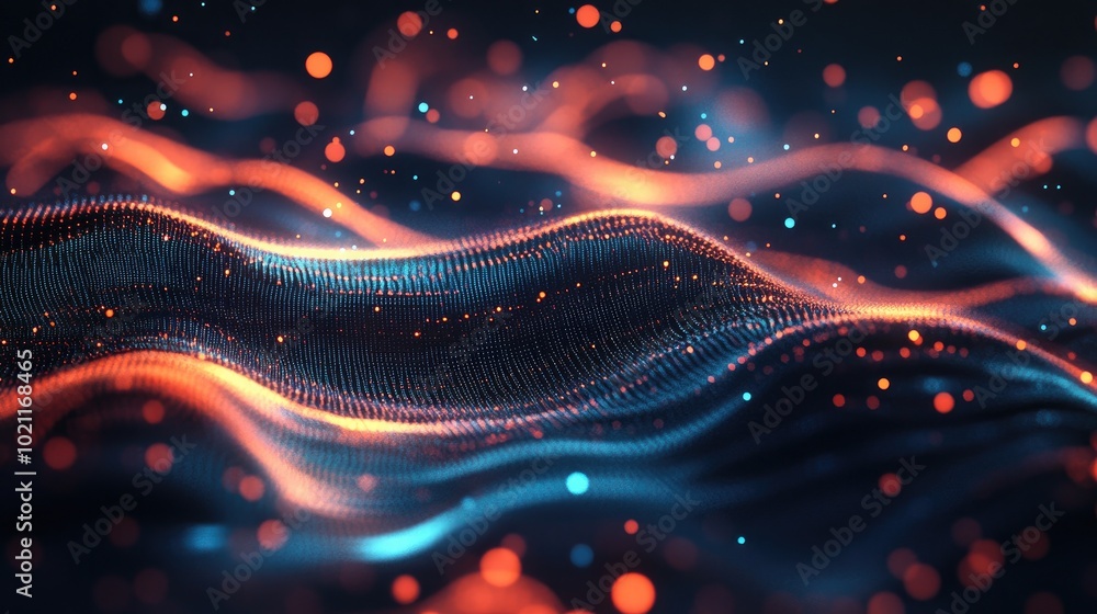 Aufkleber abstract waves of glowing particles in vibrant blues and oranges, creating a dynamic and mesmerizing
