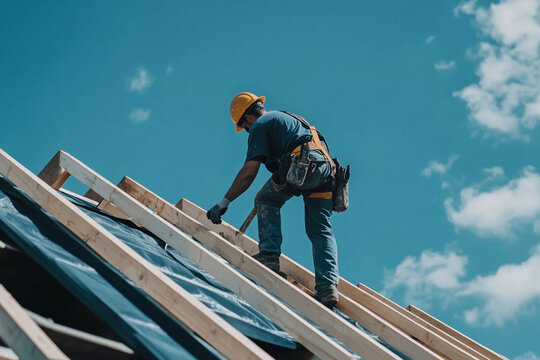 Roofer Carpenter Working on Roof Structure at Construction Site Residential Roofing Building Process