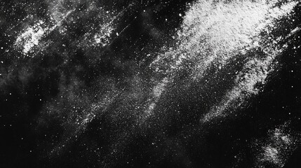 Abstract black and white texture with dynamic flour dust patterns creating a sense of motion and depth.