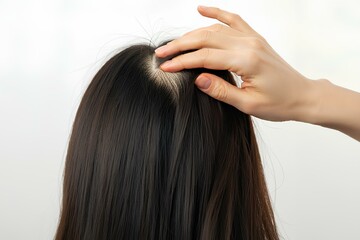 Fototapeta premium 女性。頭皮のクローズアップ。頭頂部。薄毛。白背景｜Women. Close-up of scalp. Parietal. Thinning hair. White Background