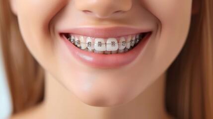 Obraz premium Close-up of a Woman's Smile with Braces - Dental Care and Orthodontics