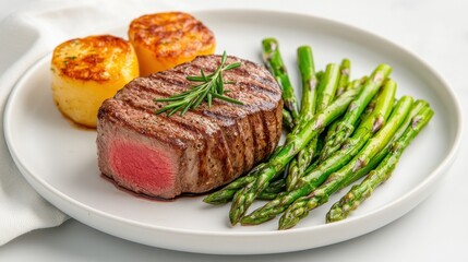 Perfectly seared beef tenderloin, garnished with rosemary and served with a side of asparagus
