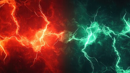 Dynamic red and green lightning bolts creating an electrifying contrast in a vibrant abstract background.