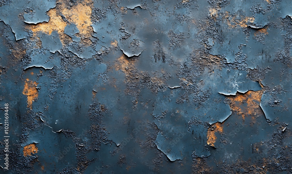 Aufkleber a textured blue surface with patches of rust and peeling paint, creating an industrial and weathered