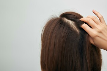Obraz premium 女性。頭皮のクローズアップ。頭頂部。薄毛。白背景｜Women. Close-up of scalp. Parietal. Thinning hair. White Background