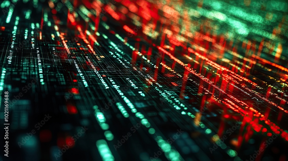 Poster a visually striking digital backdrop featuring dynamic green and red data streams, conveying a sense