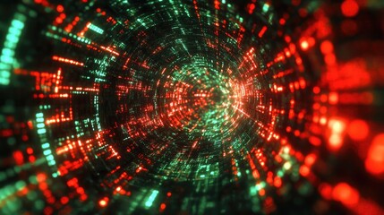 Obraz premium A vibrant digital tunnel scene created with red and green glowing lights, evoking a sense of depth and technology.