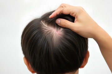 Naklejka premium 男性。脱毛のコンセプト。頭皮のクローズアップ。後頭部。薄毛。AGA治療。白背景｜Men. Hair loss concept. Close-up of scalp. Back of the head. Thinning hair. aga treatment. White Background