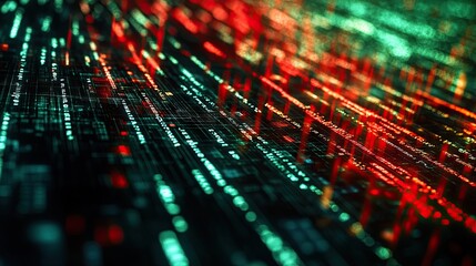 Obraz premium A visually striking digital backdrop featuring dynamic green and red data streams, conveying a sense of movement and technology.