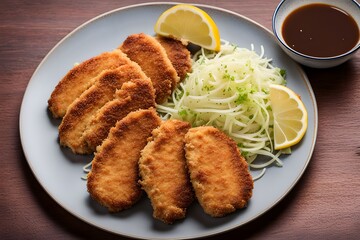 A plate of tonkatsu crispy breaded pork cutlets served with shredded cabbage lemon slices, Ai Generated